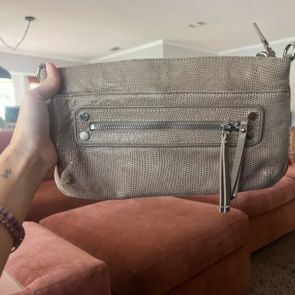 chez Handbags - Chez Taupe Leather Clutch - snakeskin print